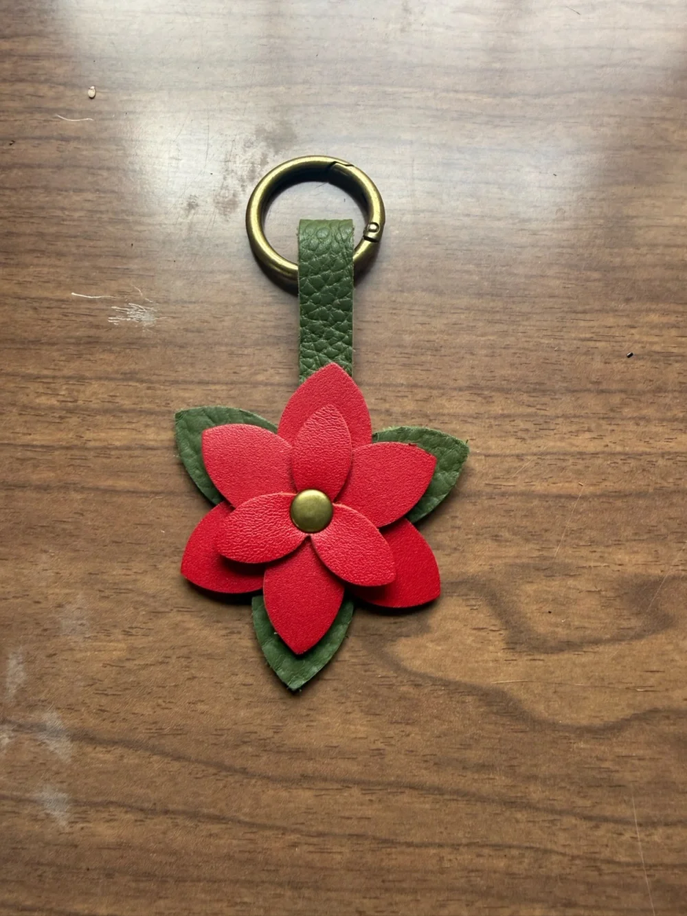 Red Flower Leather Keychain with Green Strap